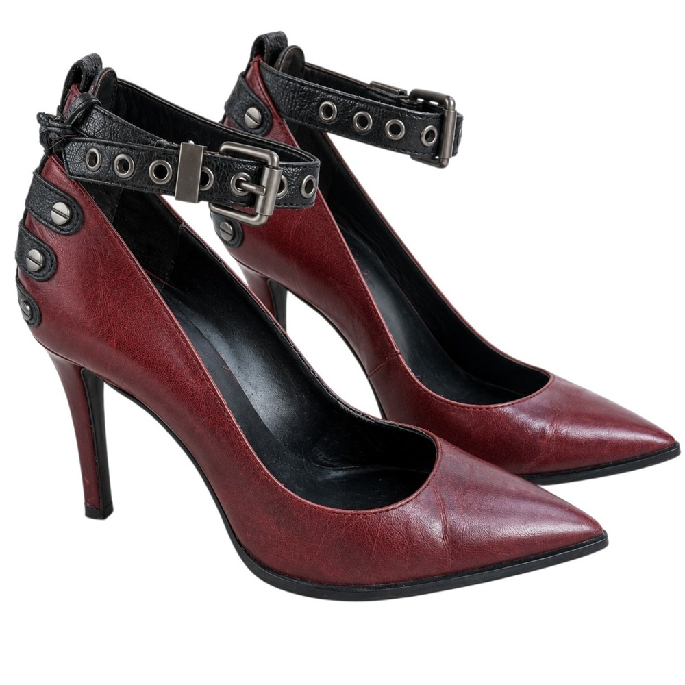 Luxury Rebel Maroon Leather Studded Dark Romantic Buckle Pointed Heels 37.5